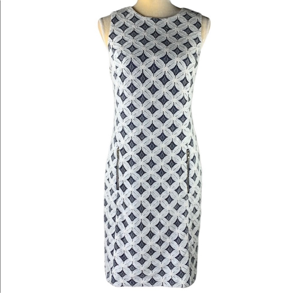 Anne Klein Navy Sheath MIDI Dress Cream Lace Overlay Zip Front Pockets